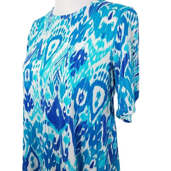 Chicos Top Asymmetrical Crochet-Hem Ikat Tunic Turquoise Blue Size 1 Medium - Picture 3 of 11